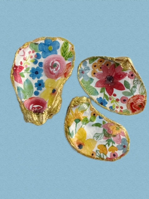 Oyster Shell Ring Dish - set of three- Summertime Flowers