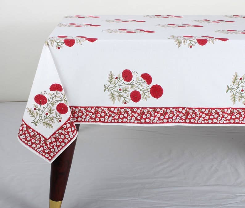 Fabricrush - 70x108 New Falun Red Green Indian Floral Christmas Tablecloth: Without Napkins, 8 Seater 70x108 INCHES - Home 2 Court