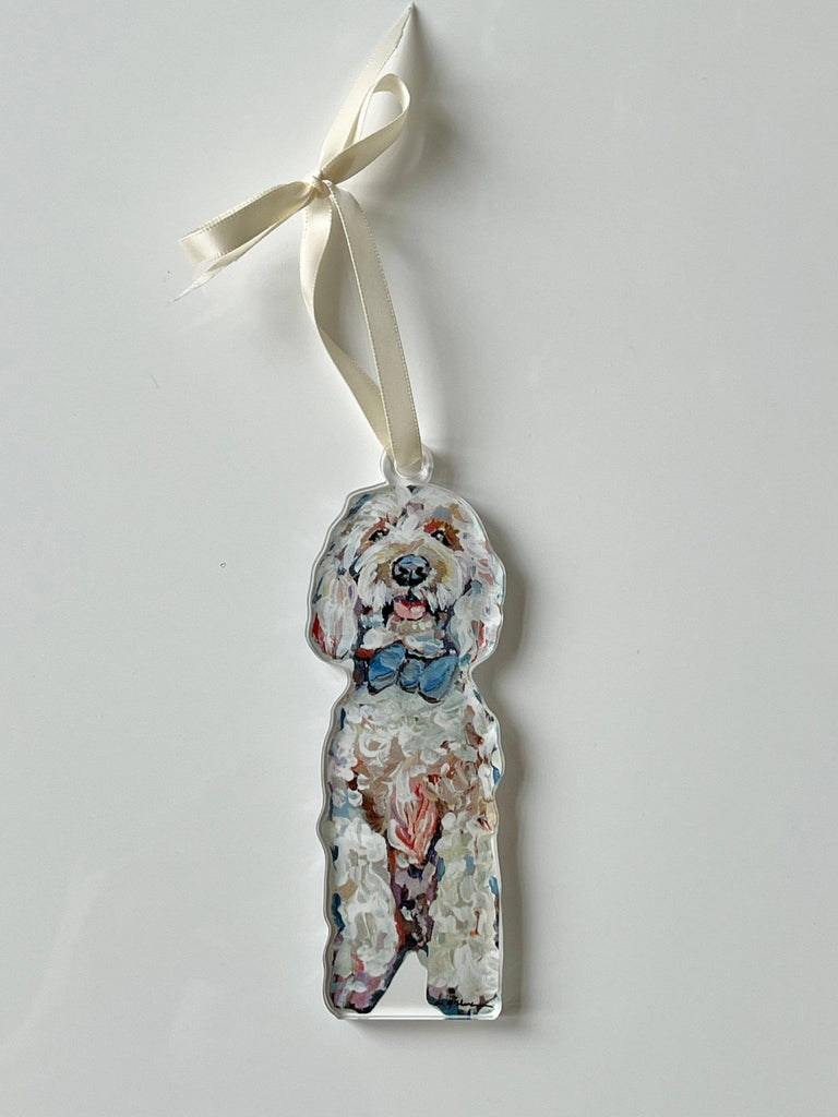 Goldendoodle with blue bow Ornament WHOLESALE - Chelsea McShane Art - Home 2 Court