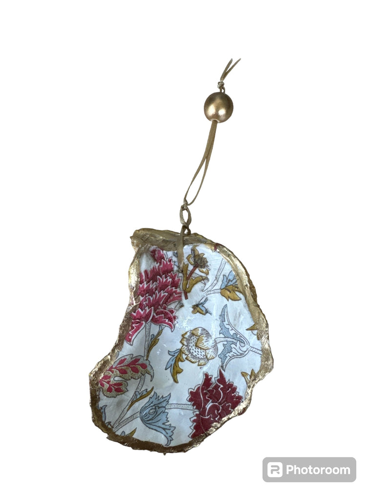 Gold Oyster Shells by Marigold Creations- Hanging Ornament-red,blue, gold flowers