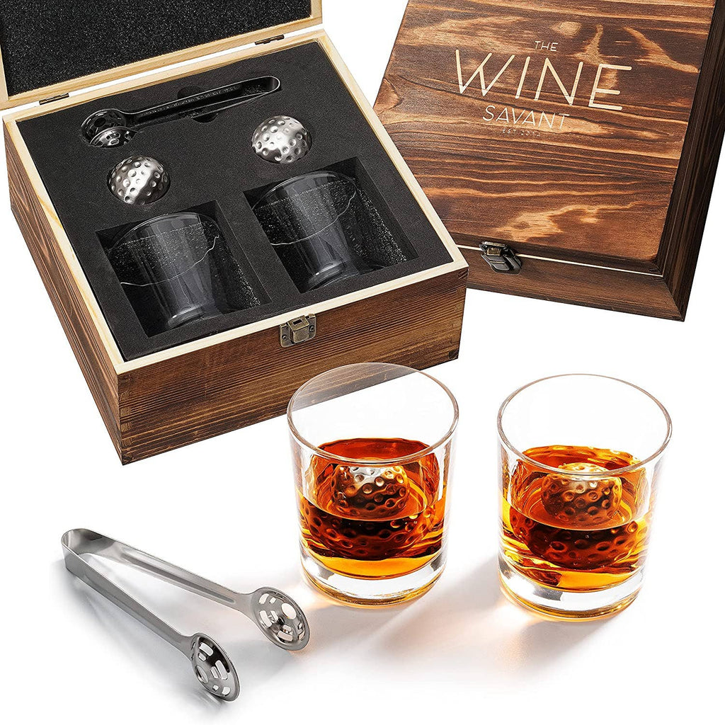 The Wine Savant /  Khen Glassware - Bar Gift Set - Golf Whiskey Glasses - Golf Ball Chillers