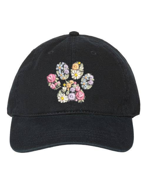 Floral Embroidered Dog Paw Baseball Cap: Black