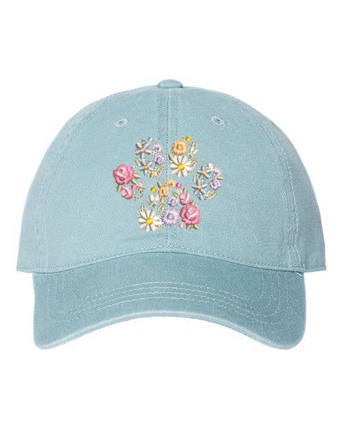 Floral Embroidered Dog Paw Baseball Cap: Smoke Blue